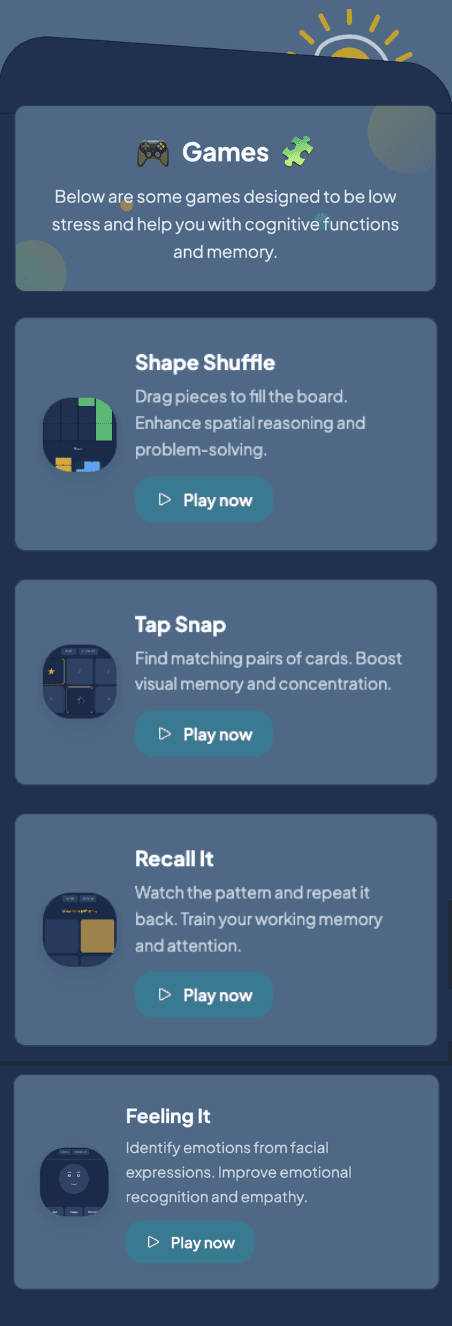 Sunrise cognitive games screen showing Shape Shuffle and game selection