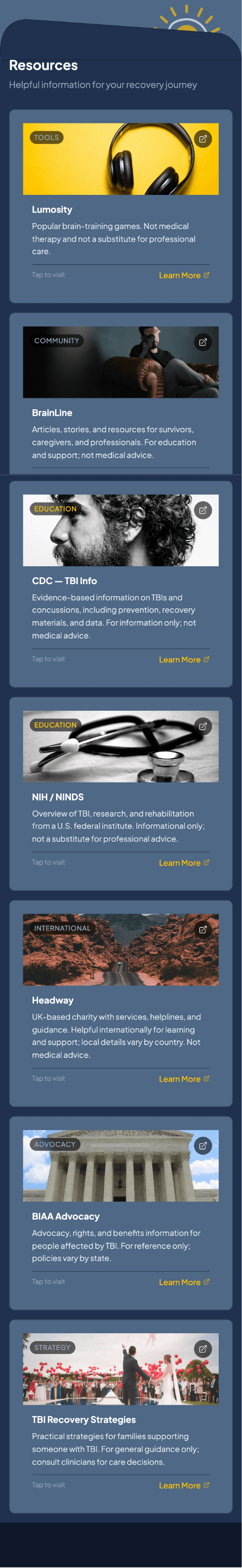 Sunrise resources screen with curated recovery content and daily inspiration
