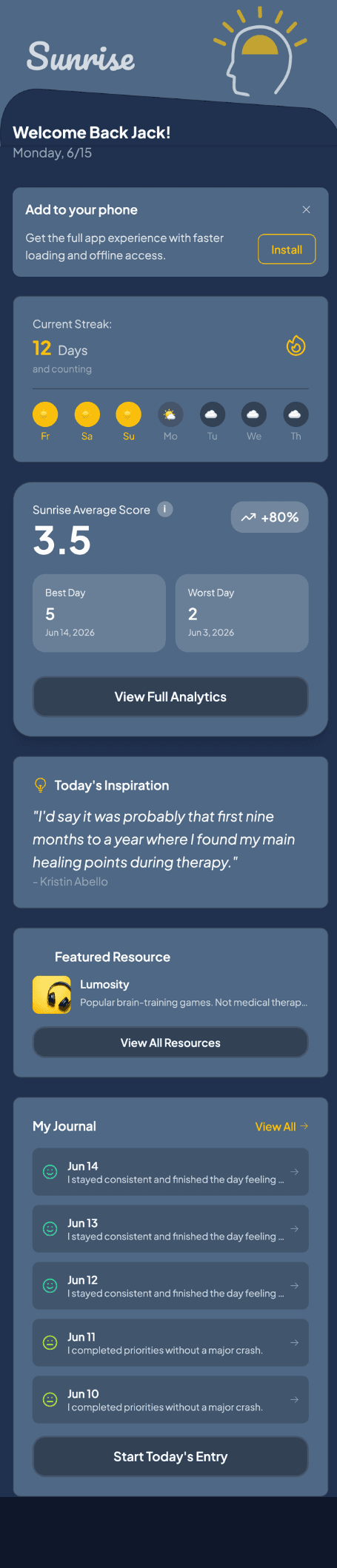 Sunrise app home screen with daily inspiration and journal streak
