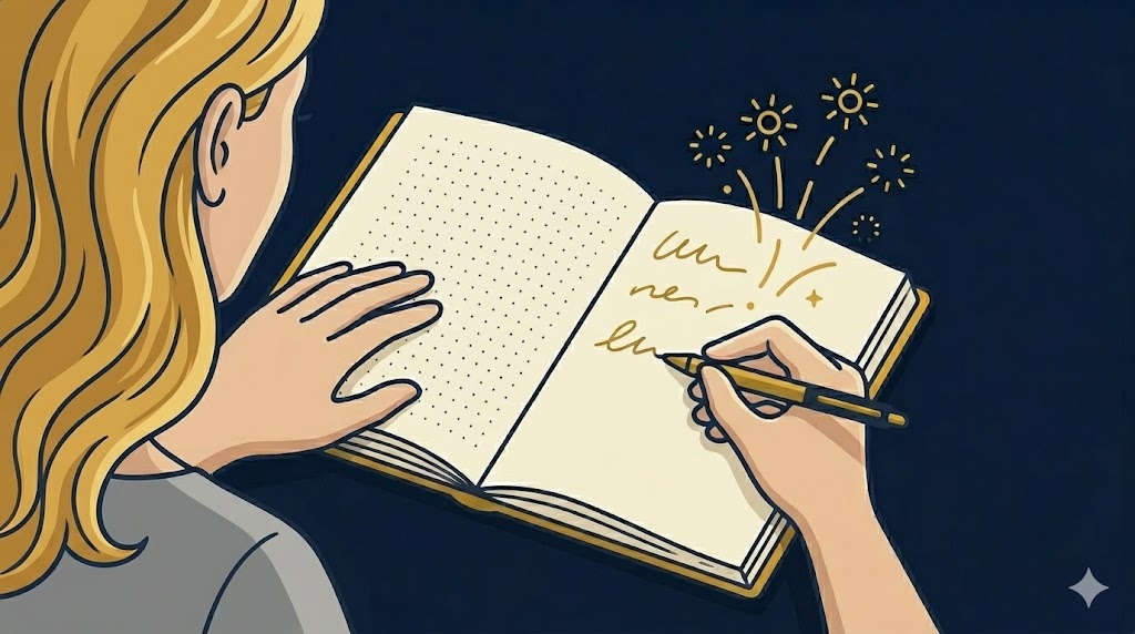 Illustration of a person writing in a journal with inspiration spreading from the page
