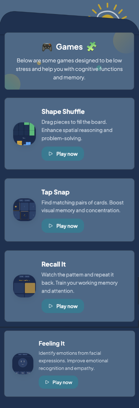 Sunrise cognitive games screen showing Shape Shuffle and game selection