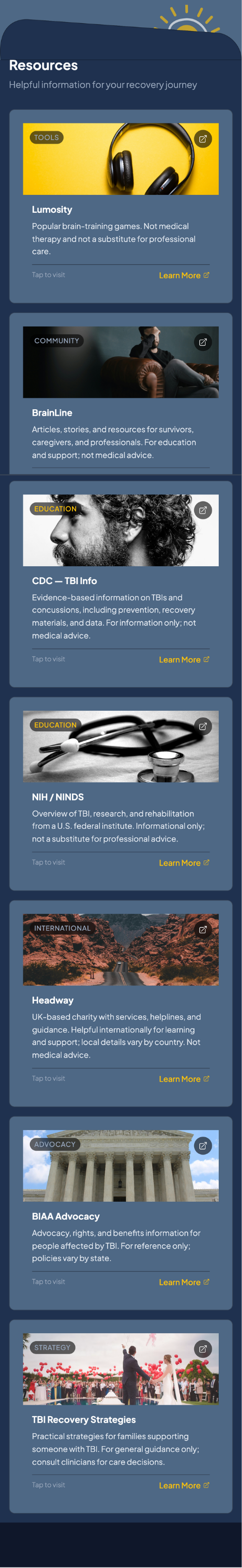 Sunrise resources screen with curated recovery content and daily inspiration