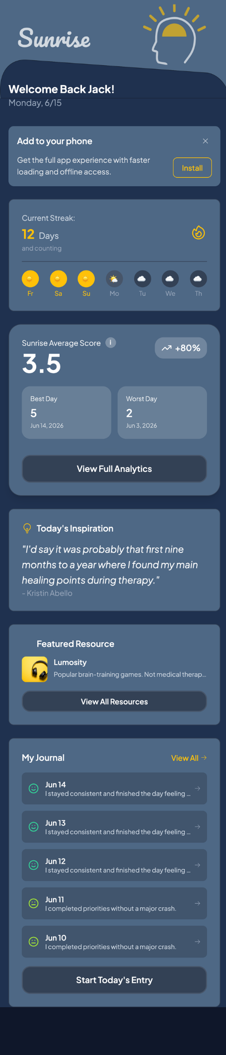 Sunrise app home screen with daily inspiration and journal streak